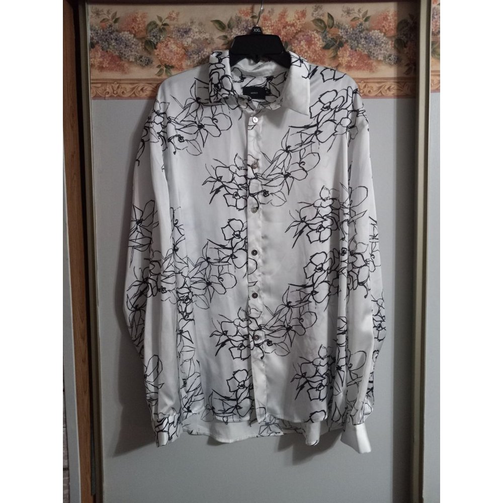Akings New York XL White Floral Satin Mono Casual Occasion Button Down Shirt
